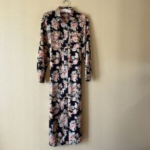 Loft Maxi, Long Sleeve Button Down Dress, Black with Floral‎ Print, Sz 6